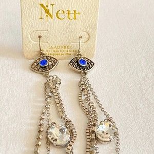 Nett Shoulder Duster Earrings Silver Tone Chains Held By Rhinestone Studded Eyes